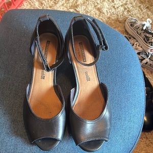 Navy blue Clarks wedge peek toe with ankle strap. Size 8.